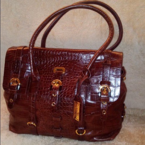 NEW BADGLEY MISCHKA SATCHEL BROWN CROC EMBOSSED LEATHER TOTE SHOULDER HANDBAG - Picture 2 of 12